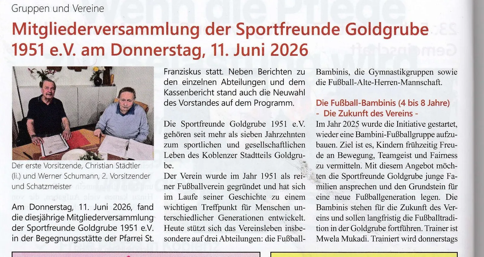 Zeitungsartikel im Goldgräber, Seite 14: Bericht über die Mitgliederversammlung der Sportfreunde Goldgrube am 11. Juni 2026