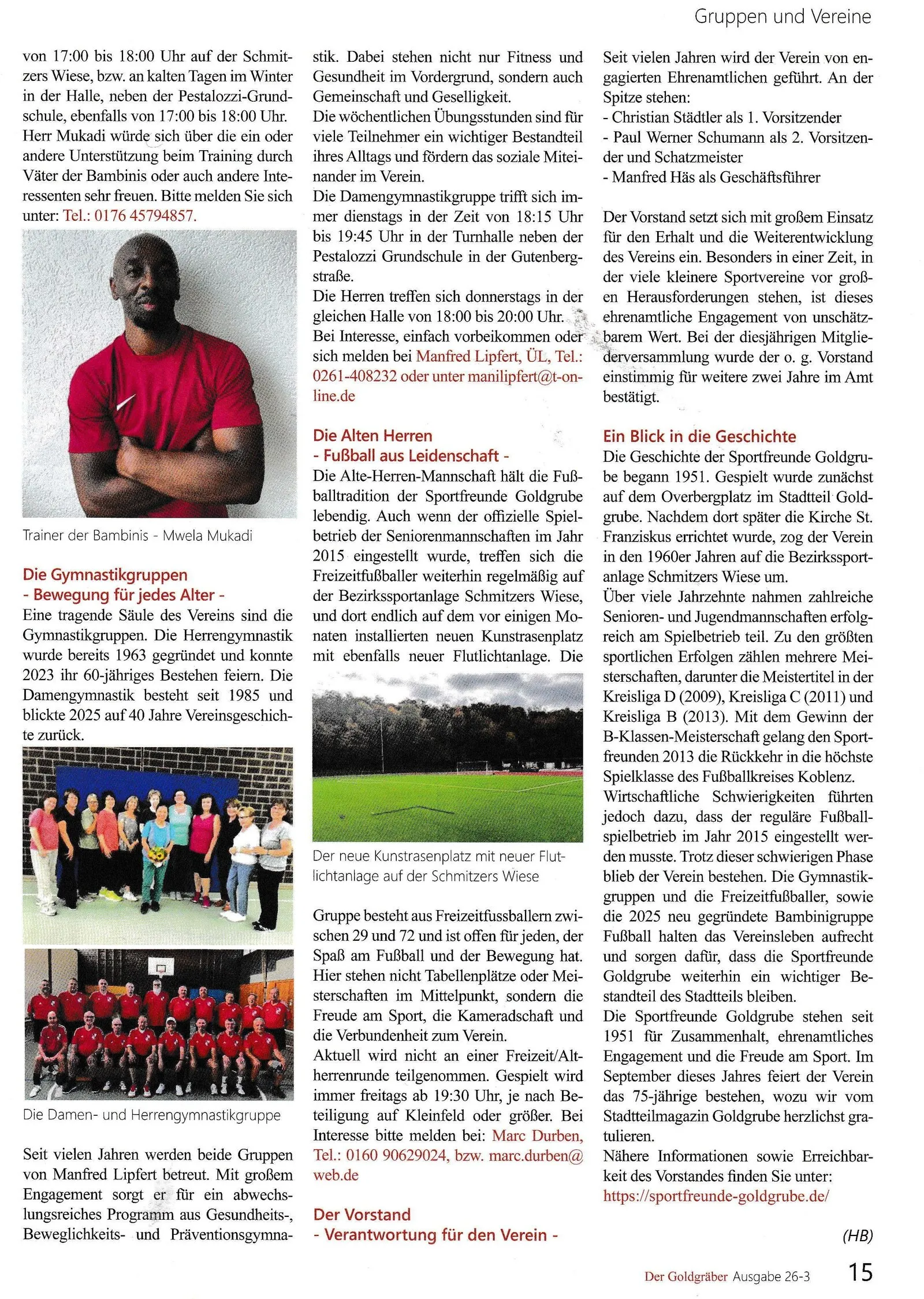 Zeitungsartikel im Goldgräber, Seite 15: Bericht über Gymnastikgruppen, Alte Herren, Vorstand und Vereinsgeschichte